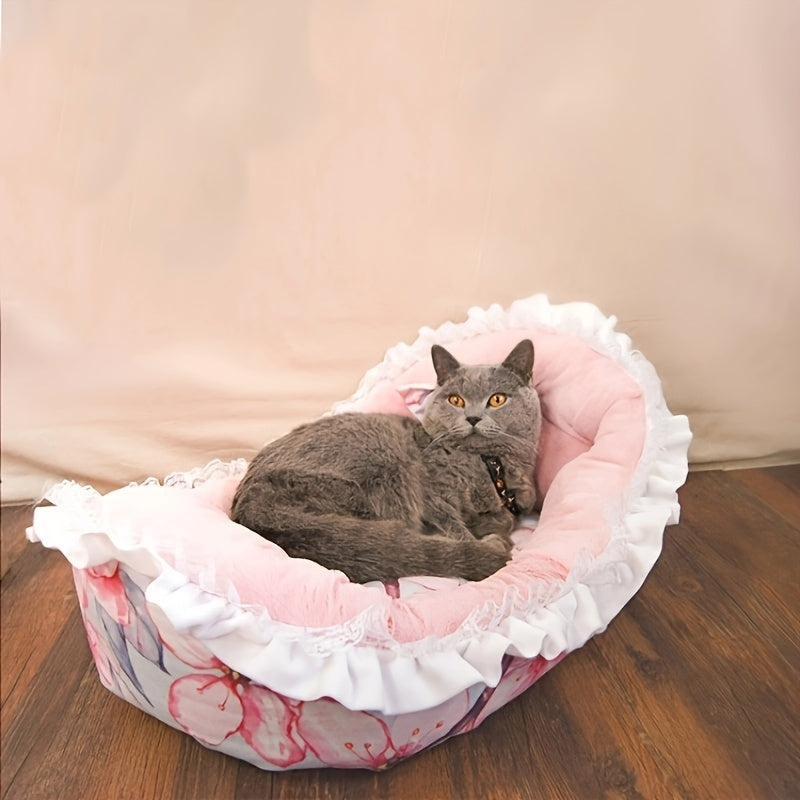 1pc Cat Nest, Floral Pattern Soft Cat Sleeping Bed Warm Cozy Cat Sofa Bed Rocking Cradle With Soft Cushion Mat