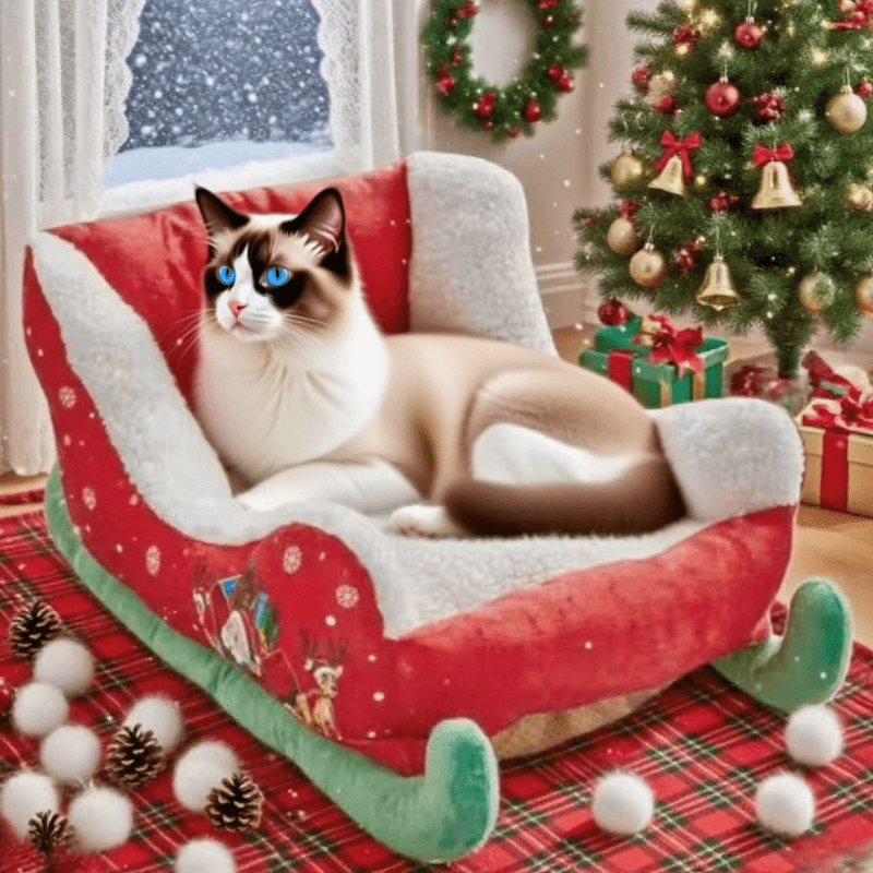 Christmas Sled Pet Bed - Red & Green Winter Dog Bed with Santa Claus, Soft Washable Cushioned Interior, Non-Toxic & Safe for Cats and Small Dogs - Indoor/Outdoor Holiday Decor - Easy-Clean Winter Home for Christmas Gifts, Indoor Outdoor Use, Festive