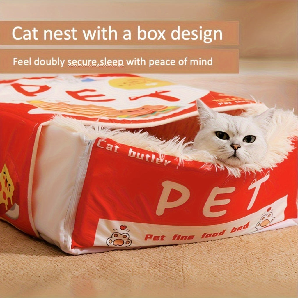 Rectangular Fully Enclosed Cat Bed with Snack Box Design - All-Season Cozy Pet Bed for Cats, Durable Polyester, Removable & Washable, Perfect Thanksgiving & Christmas Gift for Feline Friends, Cat Bed for Indoor Cats, Playful Cat Decor, Soft Texture Cover