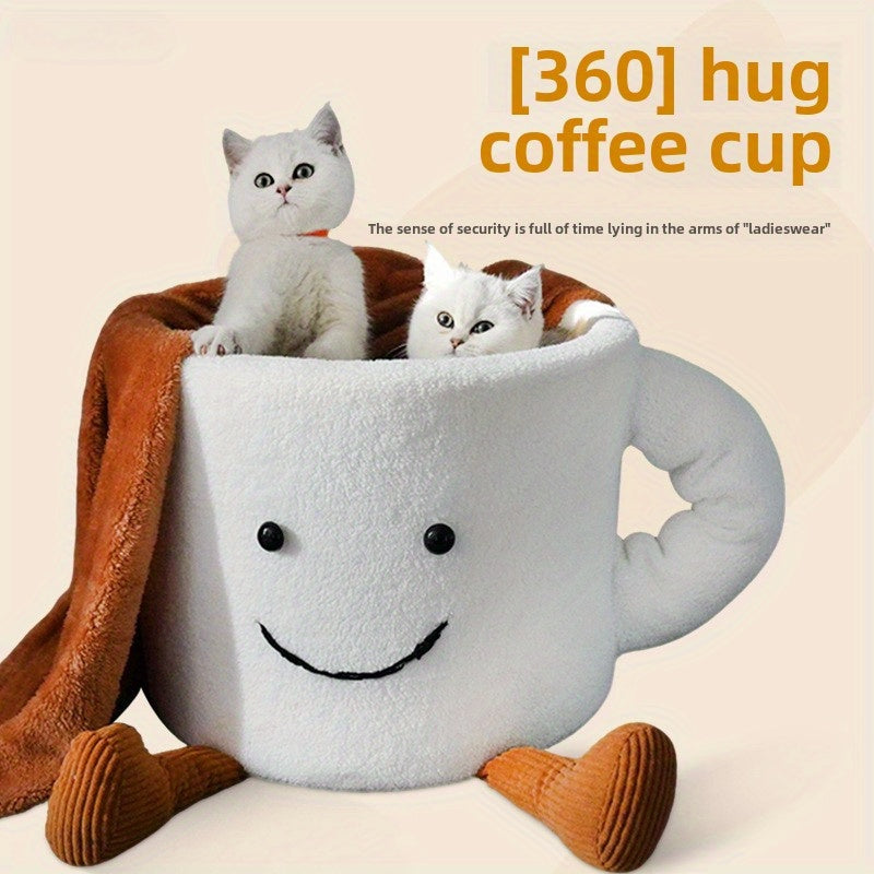 [Cozy Cat Bed] Coffee Cup-Shaped Memory Foam Cat Bed | Cozy Pet Bed with Plush Polyester, 360° Hugging Design, Warm Winter Snuggle Cave for Cats, Cute Cat Cave for Indoor Cats, Whimsical Pet Bed, Memory Foam Comfort