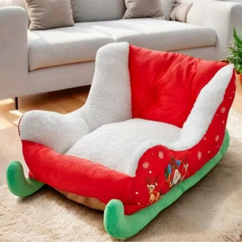 Christmas Sled Pet Bed - Red & Green Winter Dog Bed with Santa Claus, Soft Washable Cushioned Interior, Non-Toxic & Safe for Cats and Small Dogs - Indoor/Outdoor Holiday Decor - Easy-Clean Winter Home for Christmas Gifts, Indoor Outdoor Use, Festive