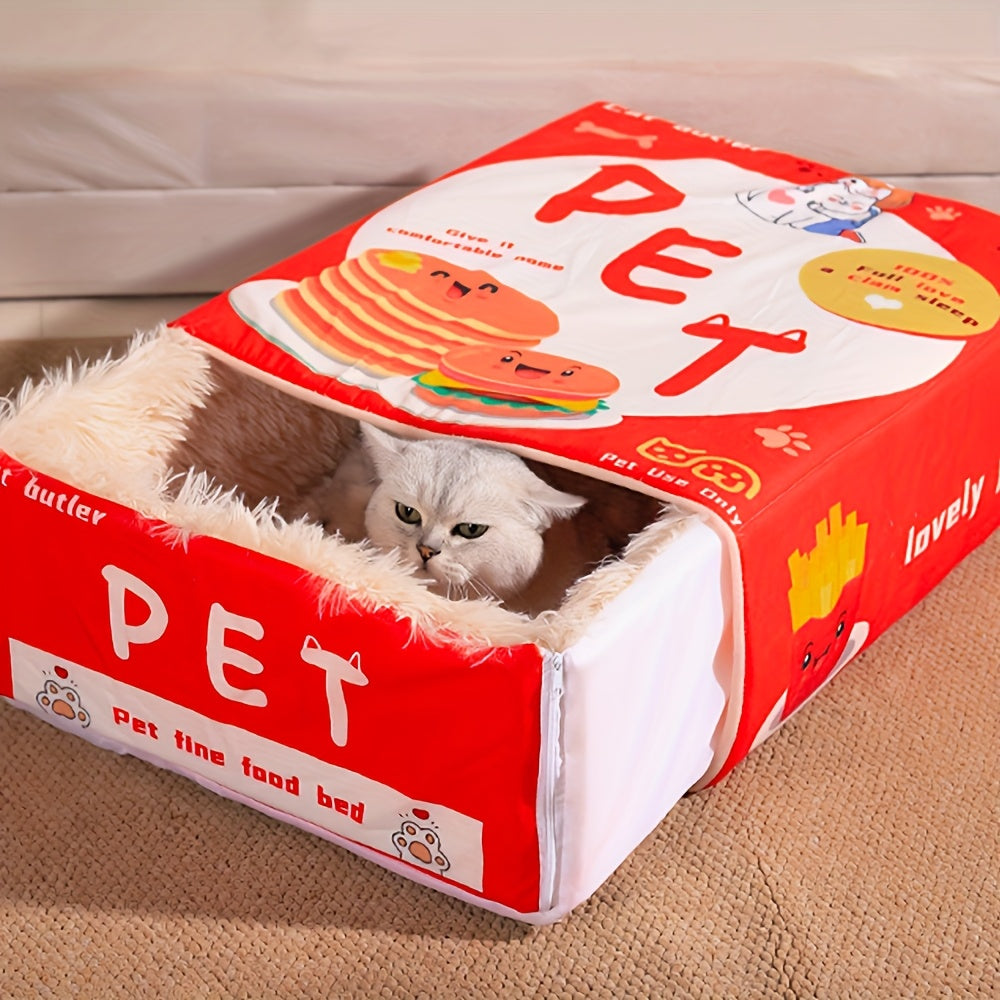 Rectangular Fully Enclosed Cat Bed with Snack Box Design - All-Season Cozy Pet Bed for Cats, Durable Polyester, Removable & Washable, Perfect Thanksgiving & Christmas Gift for Feline Friends, Cat Bed for Indoor Cats, Playful Cat Decor, Soft Texture Cover