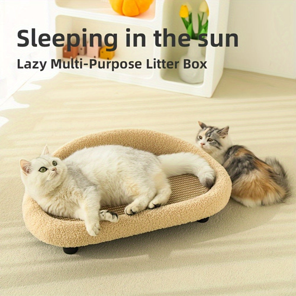 2-in-1 Cat Sofa & Bed with Scratching Post - Durable Tear-Resistant Polyester Pet Bed, Light Brown All-Season Comfort for Indoor Cats, Dual Use as Seat & Bed, Sofa Bed, Plush Pet Furniture, Quality Stitched Edges, Cozy Feline Furniture, Sturdy