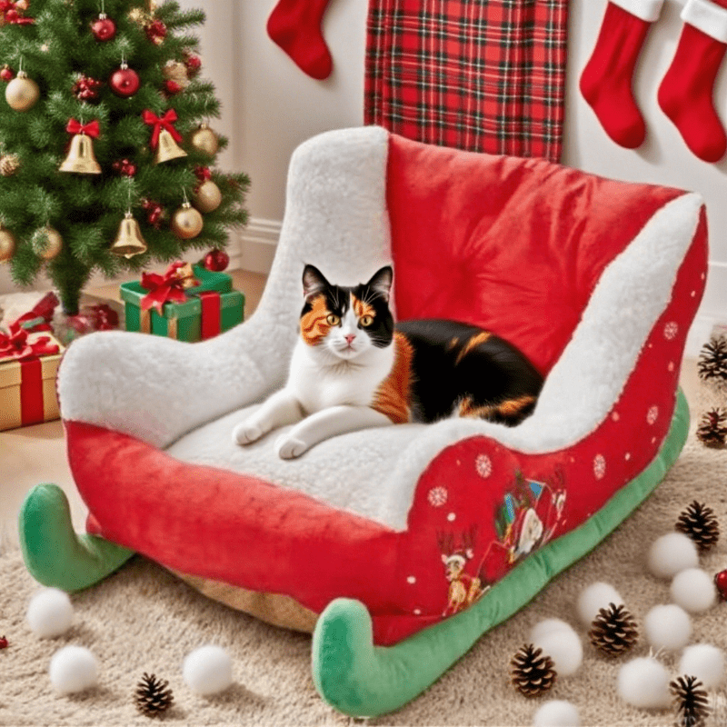Christmas Sled Pet Bed - Red & Green Winter Dog Bed with Santa Claus, Soft Washable Cushioned Interior, Non-Toxic & Safe for Cats and Small Dogs - Indoor/Outdoor Holiday Decor - Easy-Clean Winter Home for Christmas Gifts, Indoor Outdoor Use, Festive