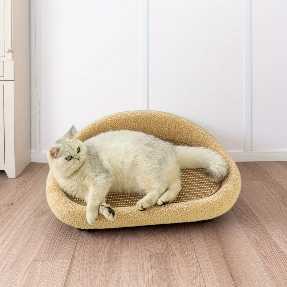 2-in-1 Cat Sofa & Bed with Scratching Post - Durable Tear-Resistant Polyester Pet Bed, Light Brown All-Season Comfort for Indoor Cats, Dual Use as Seat & Bed, Sofa Bed, Plush Pet Furniture, Quality Stitched Edges, Cozy Feline Furniture, Sturdy