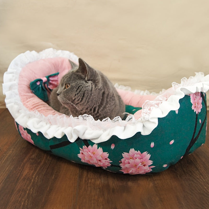 1pc Cat Nest, Floral Pattern Soft Cat Sleeping Bed Warm Cozy Cat Sofa Bed Rocking Cradle With Soft Cushion Mat