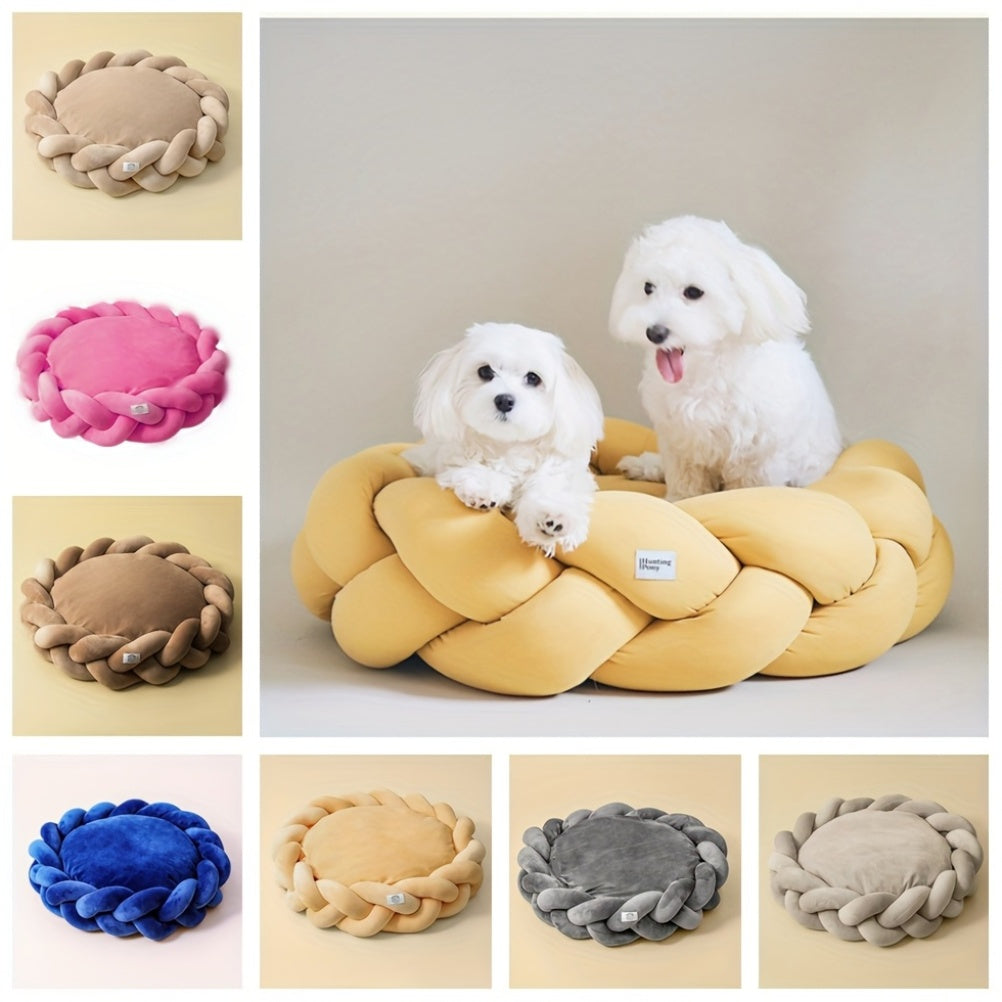 Soft & Cozy Hand-Knitted Dog Bed - Round, Warm Polyester Fiber, Machine Washable, Detachable Cover for Small Dogs, Pet Bed|Cozy Dog Bed|Detachable Cover Bed