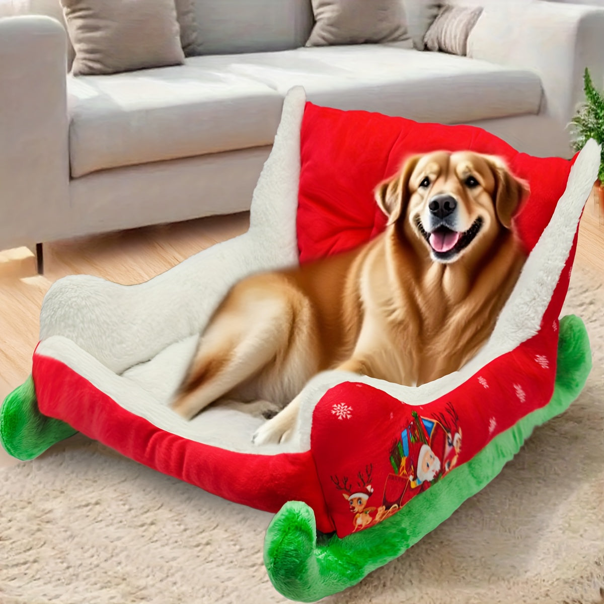 Heated Christmas Sleigh Pet Bed with Removable Washable Cover - All-Season Thickened Dog Bed with Plush Filling, Red & Green Festive Design with White Fur Trim, Sturdy Frame & Green Legs - Ideal for Large/Small/X-Small Dogs, Cat & Dog House, Cozy Winter
