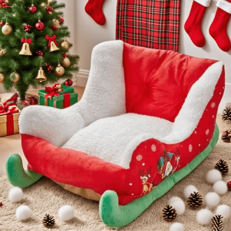Christmas Sled Pet Bed - Red & Green Winter Dog Bed with Santa Claus, Soft Washable Cushioned Interior, Non-Toxic & Safe for Cats and Small Dogs - Indoor/Outdoor Holiday Decor - Easy-Clean Winter Home for Christmas Gifts, Indoor Outdoor Use, Festive