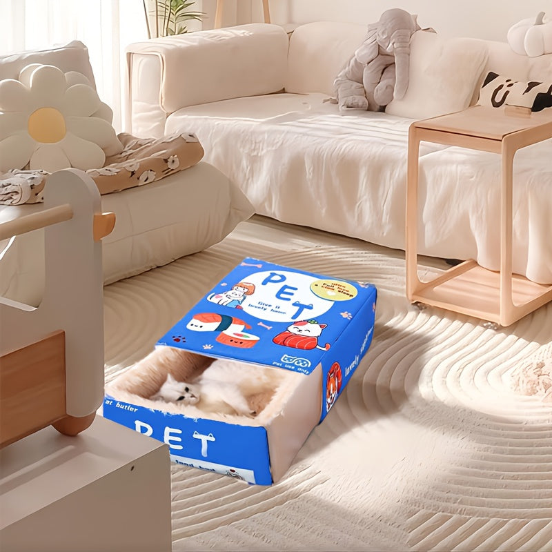 Rectangular Fully Enclosed Cat Bed with Snack Box Design - All-Season Cozy Pet Bed for Cats, Durable Polyester, Removable & Washable, Perfect Thanksgiving & Christmas Gift for Feline Friends, Cat Bed for Indoor Cats, Playful Cat Decor, Soft Texture Cover