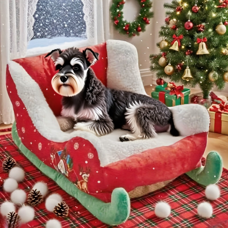 Winter Warm Christmas Sled Dog Bed & Cat Nest - Removable Washable Soft Polyester Pet Mat with Plush Cushioning, Festive Red & Green Sled Design with Snowflakes & Holly, Safe Cozy Bed for Small/Medium Dogs & Cats, Indoor/Outdoor Use