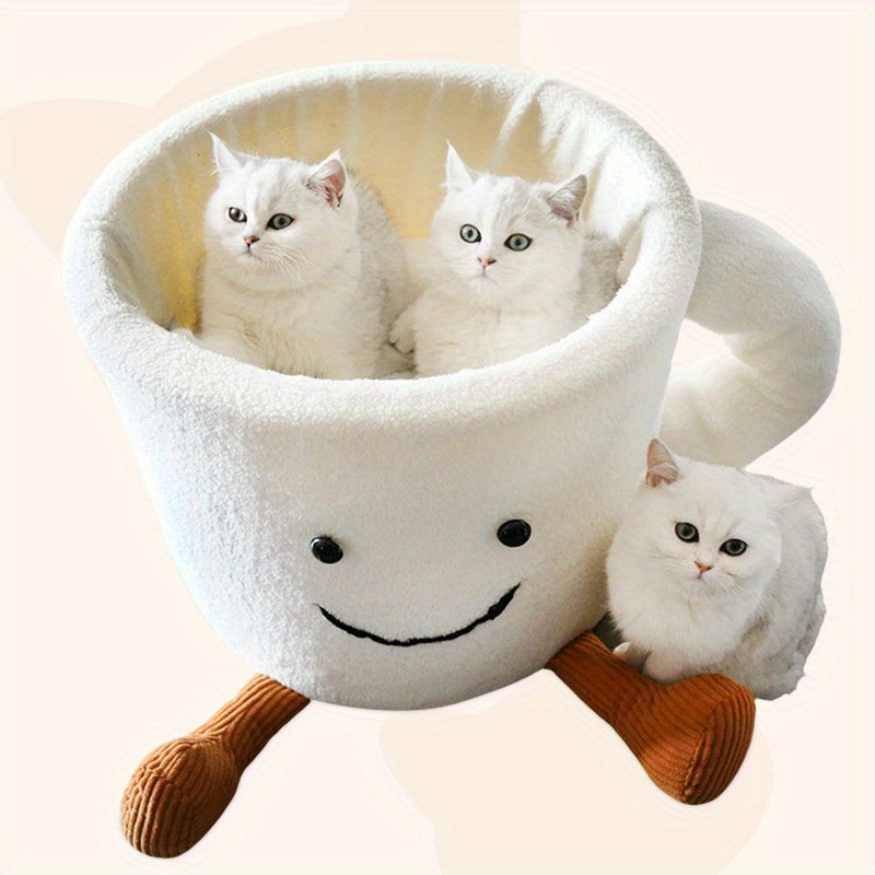 [Cozy Cat Bed] Coffee Cup-Shaped Memory Foam Cat Bed | Cozy Pet Bed with Plush Polyester, 360° Hugging Design, Warm Winter Snuggle Cave for Cats, Cute Cat Cave for Indoor Cats, Whimsical Pet Bed, Memory Foam Comfort