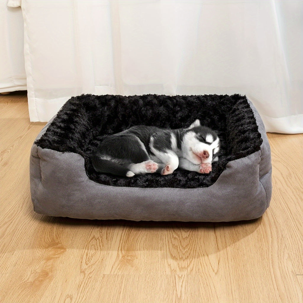 Luxury Polyester Dog Bed with Non-Slip Bottom, Breathable Orthopedic Pet Sofa with Memory Foam Filling, Washable Flower Patterned Rectangle Dog Bed for Small, Medium, and Toy Breeds - Black