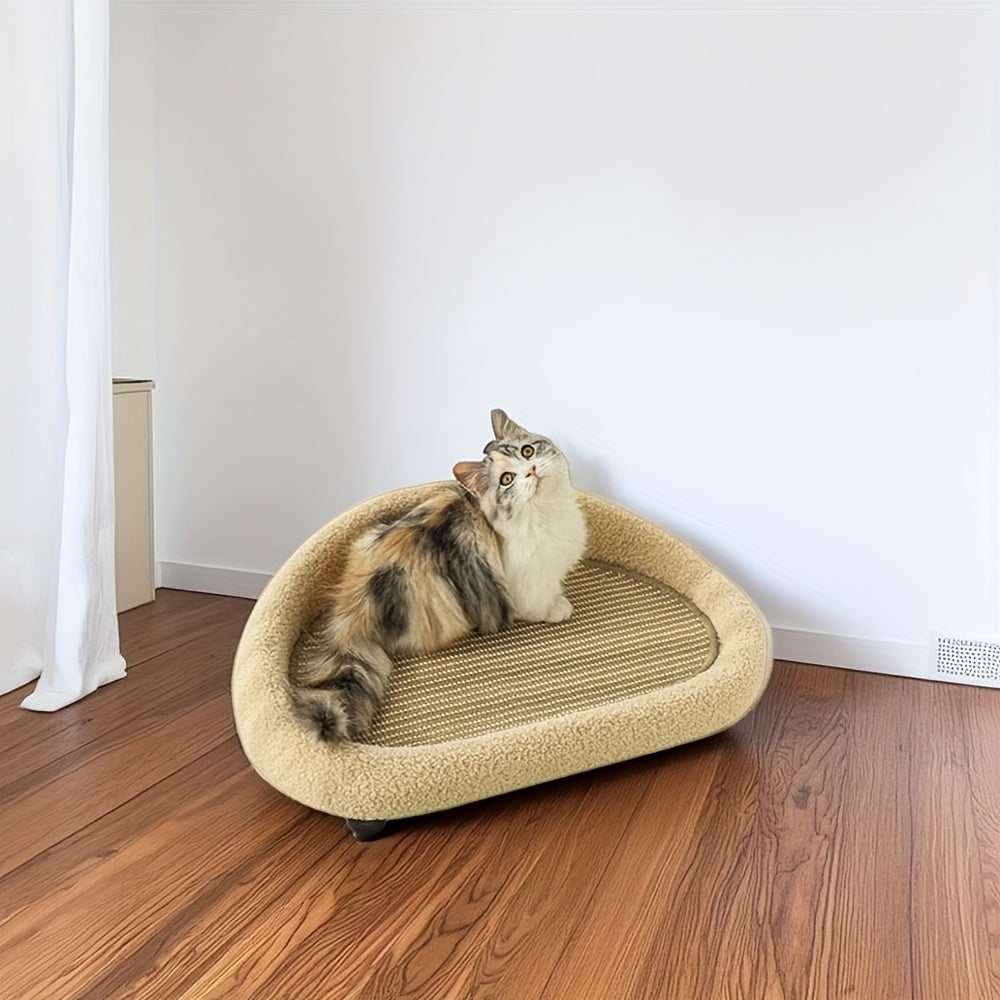 2-in-1 Cat Sofa & Bed with Scratching Post - Durable Tear-Resistant Polyester Pet Bed, Light Brown All-Season Comfort for Indoor Cats, Dual Use as Seat & Bed, Sofa Bed, Plush Pet Furniture, Quality Stitched Edges, Cozy Feline Furniture, Sturdy