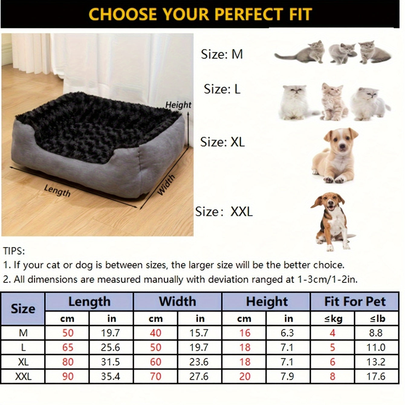 Luxury Polyester Dog Bed with Non-Slip Bottom, Breathable Orthopedic Pet Sofa with Memory Foam Filling, Washable Flower Patterned Rectangle Dog Bed for Small, Medium, and Toy Breeds - Black