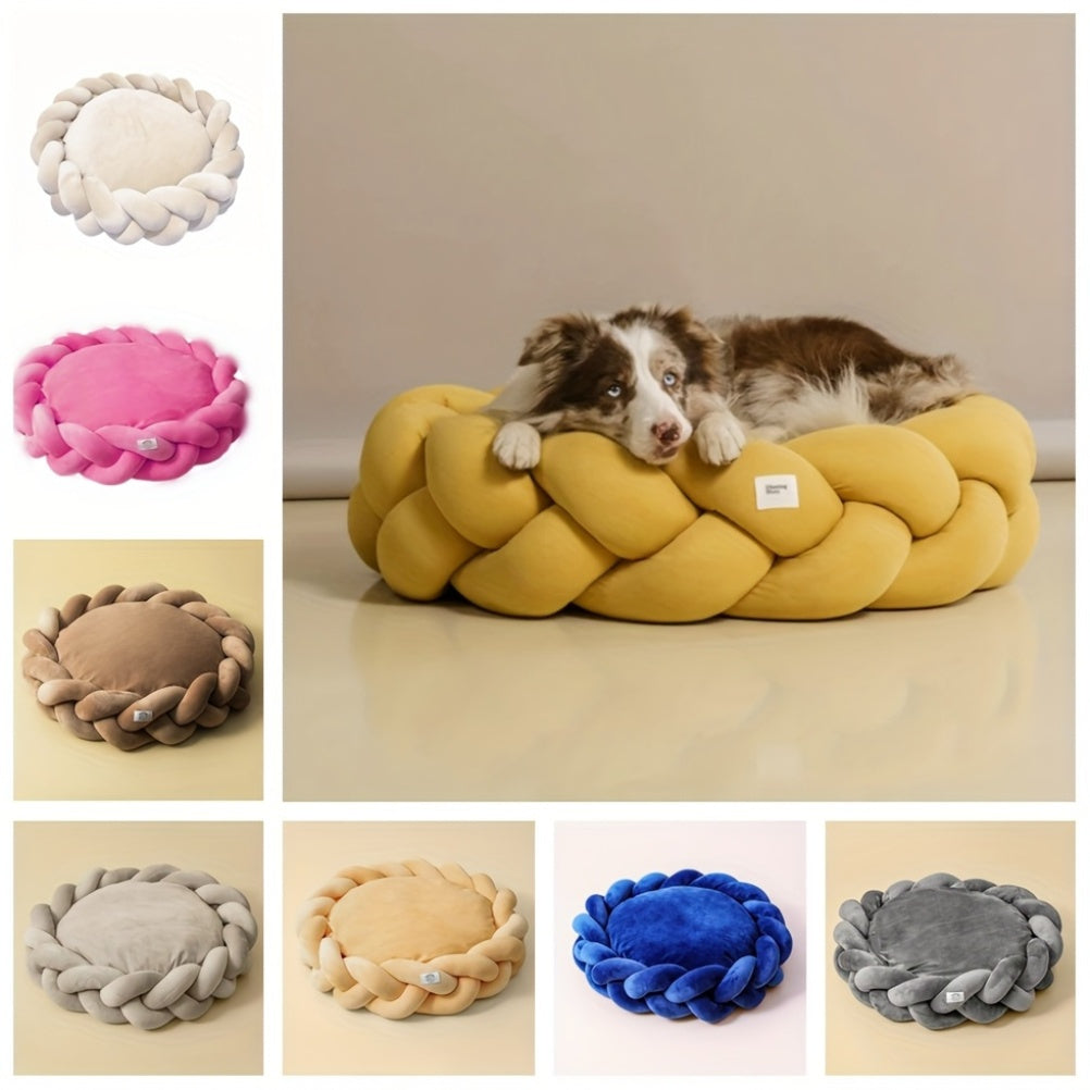 Soft & Cozy Hand-Knitted Dog Bed - Round, Warm Polyester Fiber, Machine Washable, Detachable Cover for Small Dogs, Pet Bed|Cozy Dog Bed|Detachable Cover Bed