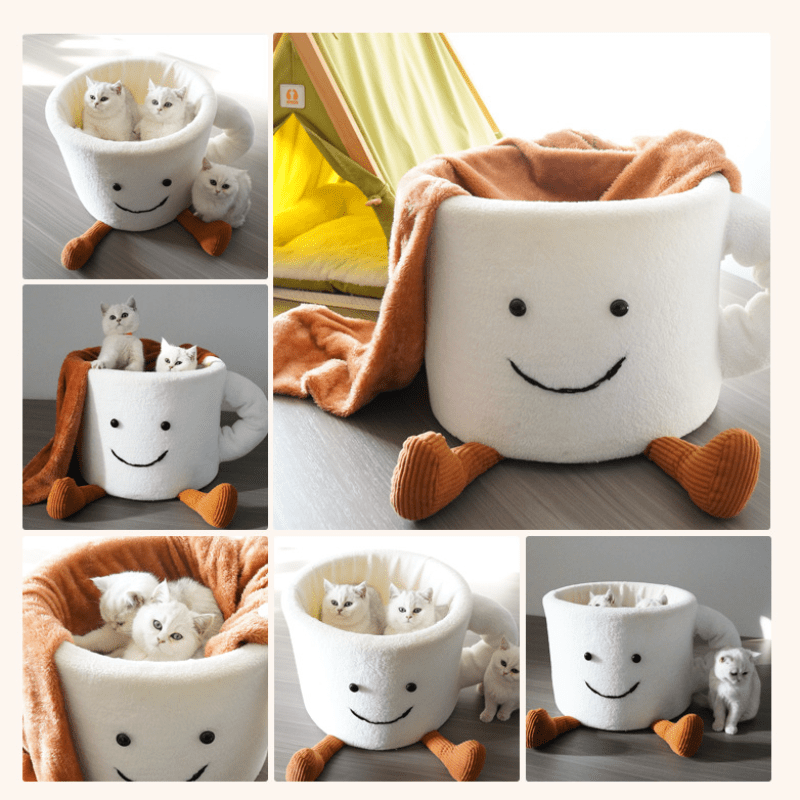 [Cozy Cat Bed] Coffee Cup-Shaped Memory Foam Cat Bed | Cozy Pet Bed with Plush Polyester, 360° Hugging Design, Warm Winter Snuggle Cave for Cats, Cute Cat Cave for Indoor Cats, Whimsical Pet Bed, Memory Foam Comfort