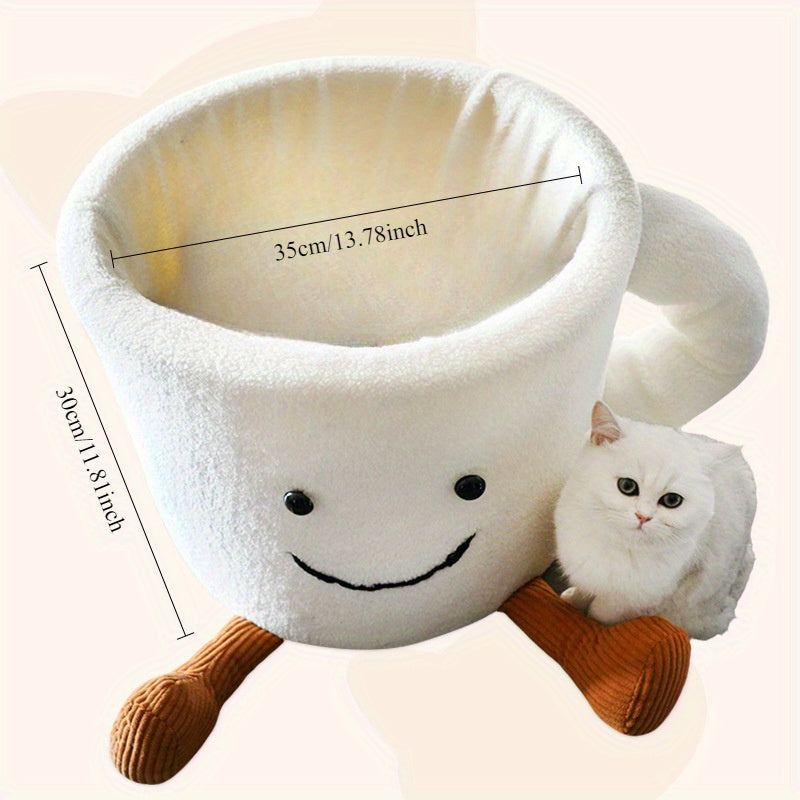 [Cozy Cat Bed] Coffee Cup-Shaped Memory Foam Cat Bed | Cozy Pet Bed with Plush Polyester, 360° Hugging Design, Warm Winter Snuggle Cave for Cats, Cute Cat Cave for Indoor Cats, Whimsical Pet Bed, Memory Foam Comfort