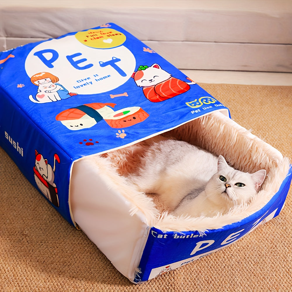 Rectangular Fully Enclosed Cat Bed with Snack Box Design - All-Season Cozy Pet Bed for Cats, Durable Polyester, Removable & Washable, Perfect Thanksgiving & Christmas Gift for Feline Friends, Cat Bed for Indoor Cats, Playful Cat Decor, Soft Texture Cover