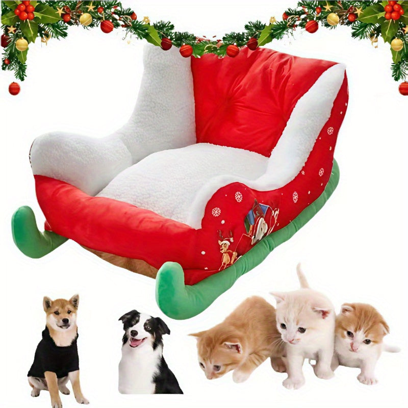 Christmas Sled Pet Bed - Red & Green Winter Dog Bed with Santa Claus, Soft Washable Cushioned Interior, Non-Toxic & Safe for Cats and Small Dogs - Indoor/Outdoor Holiday Decor - Easy-Clean Winter Home for Christmas Gifts, Indoor Outdoor Use, Festive